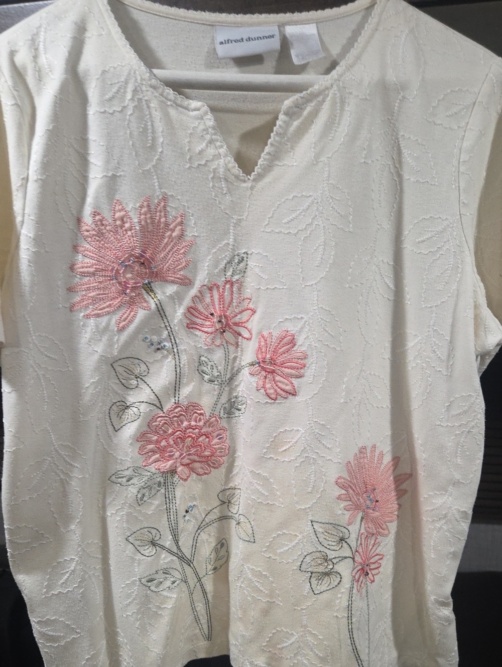 Alfred Dunner Cream Tunic with Pink Floral Embroidery
